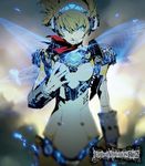  aegis_(persona) android blonde_hair blue_eyes blurry butterfly_wings cowboy_shot depth_of_field glowing glowing_eyes hand_on_own_chest headphones logo looking_at_viewer lord_of_vermilion lord_of_vermilion_re:2 machinery magic official_art persona persona_3 persona_4:_the_ultimate_in_mayonaka_arena robot_joints serious short_hair soejima_shigenori solo wings 