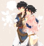  2boys :d alternate_eye_color arm_on_shoulder ass azur_(fire_emblem) black_hair braid bridal_gauntlets brown_eyes crossed_arms detached_pants detached_sleeves elbow_gloves family father_and_son fingernails fire_emblem fire_emblem:_kakusei flower from_behind gloves hair_between_eyes hairband hand_on_shoulder happy height_difference japanese_clothes kisano_(otpr) long_hair mother_and_son multiple_boys olivia_(fire_emblem) open_mouth pants pink_eyes pink_hair ponytail red_eyes ronku silhouette smile wavy_hair 