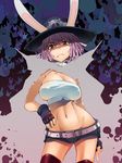  angry animal_ears asaki_takayuki bandeau belt breasts bunny bunny_ears cameltoe cape choker cleavage death_bunny fingerless_gloves frown gloves groin hairlocs hand_on_hip hat large_breasts lowleg middle_finger midriff navel pink_hair red_eyes scar shirt short_hair short_shorts shorts skindentation skull_and_crossbones solo standing strapless taut_clothes taut_shirt thighhighs tubetop wide_hips wrestle!_idol 