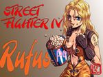  blonde_hair blue_eyes breasts catsuit earrings eating fingerless_gloves food genderswap genderswap_(mtf) gloves hair_down jewelry large_breasts long_hair nikuji-kun popcorn rufus_(street_fighter) street_fighter street_fighter_iv_(series) stud_earrings tattoo unzipped wavy_hair 