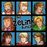  4girls blonde_hair blue_eyes brown_hair circlet frown grin hat link multiple_boys multiple_girls one_eye_closed parody pointy_ears princess_zelda smile the_brady_bunch the_legend_of_zelda the_legend_of_zelda:_ocarina_of_time the_legend_of_zelda:_skyward_sword the_legend_of_zelda:_twilight_princess tiara tiuana_rui 