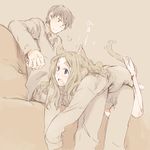  1girl animal_ears barefoot blue_eyes brown_hair cat_ears cat_tail chibikko_(morihito) eyebrows long_hair morihito on_lap open_mouth original sleeves_past_wrists sweater tail thick_eyebrows 