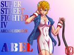  abel_(street_fighter) abs armor belt belt_removed blonde_hair blue_eyes breasts cleavage dougi genderswap jacket japanese_armor kote leotard muscle nikuji-kun open_clothes open_jacket short_hair solo spiked_hair street_fighter street_fighter_iv_(series) sweatdrop thick_thighs thighs 