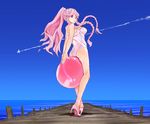  ass ball beachball braid breasts casual_one-piece_swimsuit day fire_emblem fire_emblem:_kakusei hairband high_heels jiejio legs long_hair long_legs looking_at_viewer looking_back medium_breasts olivia_(fire_emblem) one-piece_swimsuit outdoors pink_hair ponytail purple_eyes shadow shoes sky solo standing swimsuit twin_braids very_long_hair water 