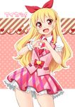  :d aikatsu! aikatsu!_(series) blonde_hair blush copyright_name hair_ribbon hazuki_(etcxetc) heart heart_hands hoshimiya_ichigo long_hair looking_at_viewer necktie open_mouth pink_eyes ribbon skirt sleeveless_blazer smile solo 