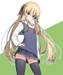  1girl bangs bare_shoulders black_legwear black_ribbon blonde_hair blue_eyes blue_panties blush eyebrows_visible_through_hair hair_ribbon head_tilt indoors light_particles long_hair panties ribbon saenai_heroine_no_sodatekata sawamura_spencer_eriri school_uniform short_sleeves sidelocks skirt solo thighhighs twintails underwear 