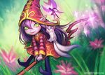  creature dress flower green_eyes har justduet league_of_legends lulu magic multiple_tails pix pixxie purple purple_body sparkles tall_grass unknown_species yordle 