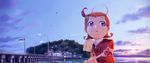  ahoge bird blue_eyes bridge cojibou comet_(comet-san) cosmic_baton_girl_comet-san dock dusk hair_ornament hood hoodie la_valmot_provone lantern lighthouse ocean red_hair scenery short_hair sky solo star wand 