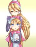  alouette_(rockman_zero) blonde_hair blue_eyes ciel_(rockman) closed_eyes doll gloves misaki_yuuma multiple_girls pantyhose petting ponytail rockman rockman_zero 