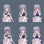  1girl alphes_(style) ascot blush bow braid closed_eyes full-face_blush hair_bow hands_on_own_cheeks hands_on_own_face highres izayoi_sakuya kaoru_(gensou_yuugen-an) knife long_hair maid maid_headdress parody purple_eyes red_eyes ribbon silver_hair smile style_parody surprised touhou twin_braids 