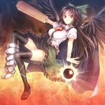  arm_cannon black_hair black_legwear black_wings bow breasts cape hair_bow kohaku. large_breasts long_hair looking_at_viewer mismatched_footwear red_eyes reiuji_utsuho skirt smile solo thighhighs touhou weapon wings 