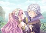  1girl braid closed_eyes fire_emblem fire_emblem:_kakusei gloves hairband henry_(fire_emblem) hetero holding_hands long_hair olivia_(fire_emblem) open_mouth pink_hair ponytail poshii_(posy) purple_eyes short_hair silver_hair smile sweatdrop tears twin_braids 