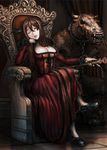  breasts brown_hair burunuu_(bullnukko) cleavage crossed_legs dress fur_trim horns large_breasts long_hair maou_(maoyuu) maoyuu_maou_yuusha one_eye_closed red_eyes sitting solo throne 