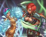  absurdres alternate_costume armband ass blue_eyes blue_hair bodysuit breasts cleavage clenched_hands dagger gloves green_eyes grin highres jewelry kaisa katarina_du_couteau large_breasts league_of_legends long_hair multiple_girls necklace pauldrons popped_collar red_hair scar short_hair skin_tight smile spikes sunglasses tattoo thigh_strap vi_(league_of_legends) weapon zipper 