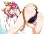  animal_ears ass bent_over blonde_hair blush bow cat_ears cat_tail hair_bow one-piece_swimsuit open_mouth original red_eyes school_swimsuit solo swimsuit tail water yumesato_makura 