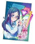  aida_mana blue_eyes blue_hair card child dokidoki!_precure eyelashes fingers flower glasses half_updo hands heart hishikawa_rikka long_hair looking_at_viewer moudoku_(decopon3rd) multiple_girls palms precure red-framed_eyewear 