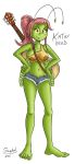  2018 3_fingers 5_toes absurd_res antennae anthro arthropod barefoot big_breasts biped blush breasts brown_eyes character_name clothed clothing collarbone colored_nails cutoffs denim_shorts digital_drawing_(artwork) digital_media_(artwork) english_text eyelashes feet female front_view full-length_portrait green_antennae green_body green_nails green_wings guitar hair hands_on_hips hi_res humanoid_feet insect insect_wings katydid looking_at_viewer musical_instrument navel non-mammal_breasts orthopterid panties patchwork pink_hair plantigrade ponytail portrait sagabel scrunchie shorts simple_background smile solo standing text toes torn_clothing underwear unzipped white_background white_clothing wings yellow_sclera 