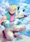  bird blonde_hair bubble caesar_anthonio_zeppeli cgiftrsnut cloud day facial_mark feathers fingerless_gloves fish gloves green_eyes hair_feathers highres hydrokinesis jojo_no_kimyou_na_bouken joseph_joestar_(young) male_focus outdoors pigeon sky solo vest water 