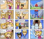  4girls 4koma :d apron blonde_hair blue_eyes brown_hair chen comic commentary finnish hat mob_cap moomin moominmamma moominpappa moomintroll multiple_4koma multiple_boys multiple_girls open_mouth pillow_hat purple_eyes setz smile tetris top_hat touhou translated yakumo_ran yakumo_yukari 