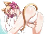  animal_ears ass bent_over blonde_hair blush bow cat_ears cat_tail hair_bow one-piece_swimsuit open_mouth original red_eyes school_swimsuit solo swimsuit tail water white_school_swimsuit white_swimsuit yumesato_makura 
