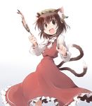 animal_ears bow brown_eyes brown_hair cat_ears cat_tail chen dress earrings fang fish food hat jewelry long_sleeves looking_at_viewer multiple_tails nail_polish nekoguruma nekomata open_mouth red_dress red_nails shirt simple_background single_earring smile solo stick tail touhou white_background 