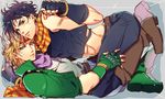  black_hair blonde_hair boots box caesar_anthonio_zeppeli cramped facial_mark fingerless_gloves gloves green_eyes green_jacket headband jacket jojo_no_kimyou_na_bouken joseph_joestar_(young) lovehammer midriff multiple_boys scarf 