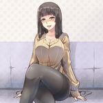  black_hair black_legwear blush breasts brown_eyes cleavage crossed_legs hime_cut large_breasts legs long_hair looking_at_viewer nose_blush original pantyhose ribbed_sweater sitting smile solo sweater thighband_pantyhose thighs ygo 