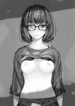  bad_id bad_pixiv_id blush breasts cum cum_on_body cum_on_breasts cum_on_glasses cum_on_hair cum_on_upper_body facial glasses greyscale highres looking_at_viewer medium_breasts monochrome nipples open_mouth original puyo shirt_lift short_hair solo 