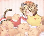  &gt;_&lt; :3 animal_ears animal_print biyon black_hair blonde_hair cat closed_eyes doruji fourth_wall hair_ornament hug kemonomimi_mode little_busters! looking_at_viewer lying multicolored_hair nazrin nazrin_(mouse) on_stomach poyo_(poyopoyo_kansatsu_nikki) poyopoyo_kansatsu_nikki shirt short_hair skirt solid_circle_eyes tail tiger_ears tiger_print tiger_tail too_many too_many_cats toramaru_shou touhou trembling two-tone_hair vest 
