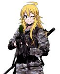  ahoge alternate_costume assault_rifle blonde_hair camouflage fingerless_gloves gloves gorod_(camo) green_eyes gun hoshii_miki idolmaster idolmaster_(classic) long_hair military military_uniform one_eye_closed ooike_teru rifle solo uniform weapon 