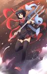  asymmetrical_wings black_hair black_legwear cloud dress floating highres houjuu_nue open_mouth polearm red_eyes rouzille shoes short_hair sky snake solo thighhighs touhou trident weapon wings 