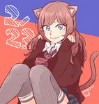  :3 animal_ears artist_name bad_id bad_pixiv_id blue_eyes cardigan cat_ears cat_tail dated grey_legwear hands_on_own_cheeks hands_on_own_face long_hair necktie original peg red_hair school_uniform signature sitting skirt sleeves_past_wrists smile solo tail thighhighs twintails 