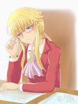  aitaso androgynous bad_id bad_pixiv_id bespectacled blonde_hair blue_eyes cravat formal glasses long_hair looking_at_viewer male_focus red-framed_eyewear solo table umineko_no_naku_koro_ni ushiromiya_lion 