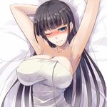  armpits arms_up black_hair blue_eyes blush breasts cleavage covered_nipples large_breasts long_hair looking_at_viewer lying naked_towel on_back one_eye_closed original smile solo towel ygo 