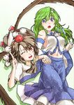  :o ;d abo_(hechouchou) ascot bare_shoulders black_hair black_wings blue_eyes breasts detached_sleeves frog_hair_ornament hair_ornament hat holding_hands kochiya_sanae long_hair looking_at_viewer low_wings medium_breasts midriff multiple_girls navel no_bra one_eye_closed open_mouth red_eyes shameimaru_aya short_hair sideboob smile snake tokin_hat touhou wings 