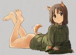  animal_ears arm_support ass barefoot bottomless brown_eyes brown_hair cropped_jacket dog_ears dog_tail feet kadomaru_misa looking_at_viewer lying on_stomach shibasaki_shouji short_hair solo sweater tail world_witches_series 