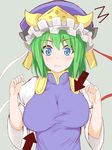  blue_eyes blush breasts directional_arrow green_hair hat highres large_breasts nikonikosiro shiki_eiki short_hair simple_background solo surprised touhou wide_sleeves 