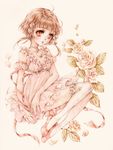  brown_eyes brown_hair choker dress flower frills full_body gem kneehighs petals reala ribbon rose rose_petals shoes short_hair solo tales_of_(series) tales_of_destiny_2 thighhighs traditional_media very_short_hair white_background white_flower white_legwear white_rose yukishiro_(hitsuji) 