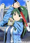  frog_hair_ornament green_eyes green_hair hair_ornament hair_tubes jacket kochiya_sanae long_hair safety_pin solo touhou traffic_baton tsuyadashi_shuuji upper_body 