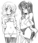  blush bra breasts covering covering_breasts glasses graphite_(medium) greyscale long_hair midriff monochrome multiple_girls nogami_aoi panties sannomiya_shiho senomoto_hisashi simple_background skirt small_breasts thighhighs traditional_media underwear underwear_only undressing zettai_karen_children 