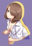  barefoot blush breasts brown_eyes brown_hair cleavage downblouse dress_shirt hair_over_one_eye kouda_tomohiro medium_breasts naked_shirt original purple_background shirt simple_background smile solo unbuttoned 