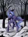  blue_eyes crown cutie_mark equine female feral forest friendship_is_magic horn horse mammal moon my_little_pony necklace pony ponykillerx princess_luna_(mlp) shoes smile snow snowing solo standing tree water winged_unicorn wings 