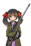  ai_arctic_warfare bolt_action brown_eyes brown_hair gun hair_ribbon jiang-ge long_hair military military_uniform ribbon rifle sleeves_past_wrists sniper_rifle solo sora_no_woto suminoya_kureha twintails uniform weapon 