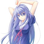  arms_up bad_id bad_pixiv_id blue_eyes long_hair natsukawa_masuzu ore_no_kanojo_to_osananajimi_ga_shuraba_sugiru ryouta school_uniform short_sleeves simple_background smile solo upper_body very_long_hair white_background 