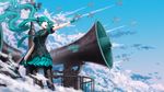  aircraft airplane bad_id bad_pixiv_id cloud condensation_trail day floating_hair gloves green_eyes green_hair hatsune_miku infukun koi_wa_sensou_(vocaloid) long_hair megaphone necktie open_mouth outstretched_arm pantyhose pointing skirt sky solo tower twintails very_long_hair vocaloid 