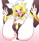  after_sex anus blonde_hair blue_eyes cum cum_in_ass double_v gaping kagamine_rin legs_up niwakaame_(amayadori) panties solo striped striped_panties tears underwear v vocaloid 