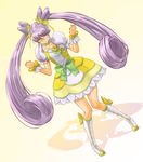  blue_eyes boots bow choker cosplay cure_moonlight cure_rosetta cure_rosetta_(cosplay) dokidoki!_precure double_bun dutch_angle embarrassed flower full_body goru_(cure_golgom) green_choker hair_flower hair_ornament hair_ribbon heartcatch_precure! knee_boots long_hair magical_girl pose precure purple_hair ribbon skirt solo tsukikage_yuri twintails wrist_cuffs yellow_background 