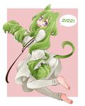  animal_ears barefoot cat_ears cat_tail dated enkidu_(fate/strange_fake) fang fate/strange_fake fate_(series) gloves green_eyes green_hair kalanchoe_xxxx kemonomimi_mode long_hair male_focus otoko_no_ko paw_gloves paws purple_eyes solo tail 