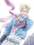  blonde_hair blue_jacket caesar_anthonio_zeppeli dutch_angle facial_mark feathers fingerless_gloves gloves green_eyes hair_feathers ichi-be jacket jojo_no_kimyou_na_bouken male_focus md5_mismatch scarf solo 