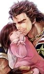  1girl asuka_(hokuto_no_ken) carrying chain cheek_kiss child child_carry closed_eyes ein_(hokuto_no_ken) father_and_daughter fingerless_gloves gloves hokuto_no_ken jobo_(isi88) kiss manly mullet realistic scarf smile 